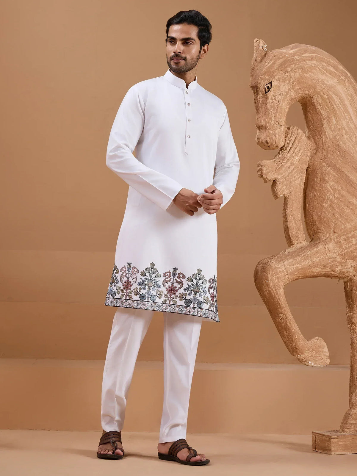 White kurta pajama with floral embroidery, ethnic wear for men, traditional Indian outfit
