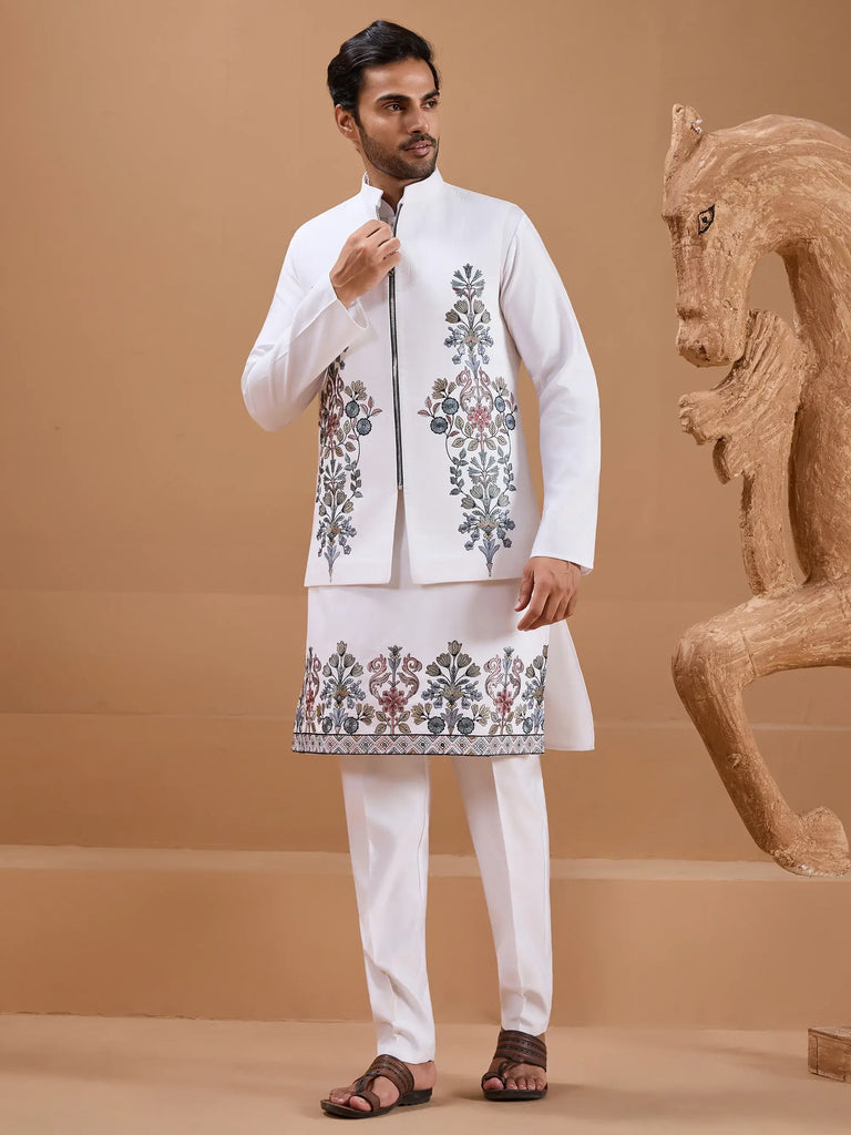 Wonderful White Mens Kurta And Pant With Sequins Embroidered Jacket