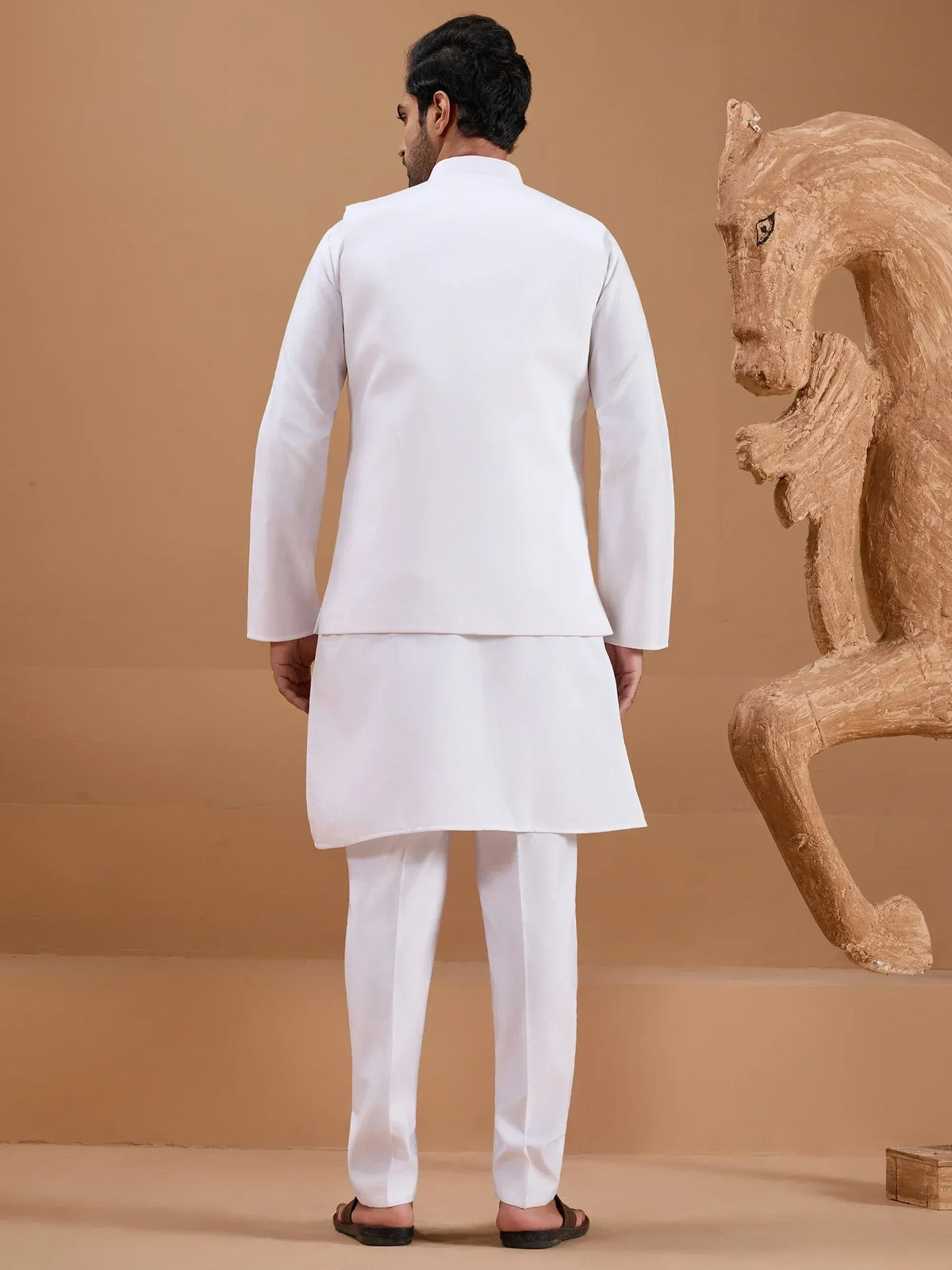 Man in white Indian kurta pajama set with jacket, back view, ethnic wear for men