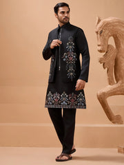 Classic Black Silk Mens Kurta And Pant With Thread Work Jacket