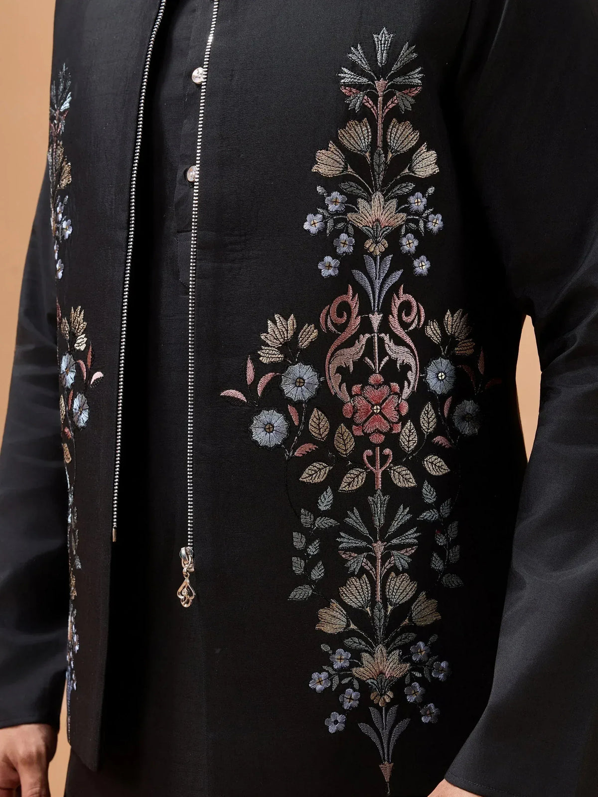 Black ethnic kurta with intricate floral embroidery and zipper detail, perfect for Indian wear.