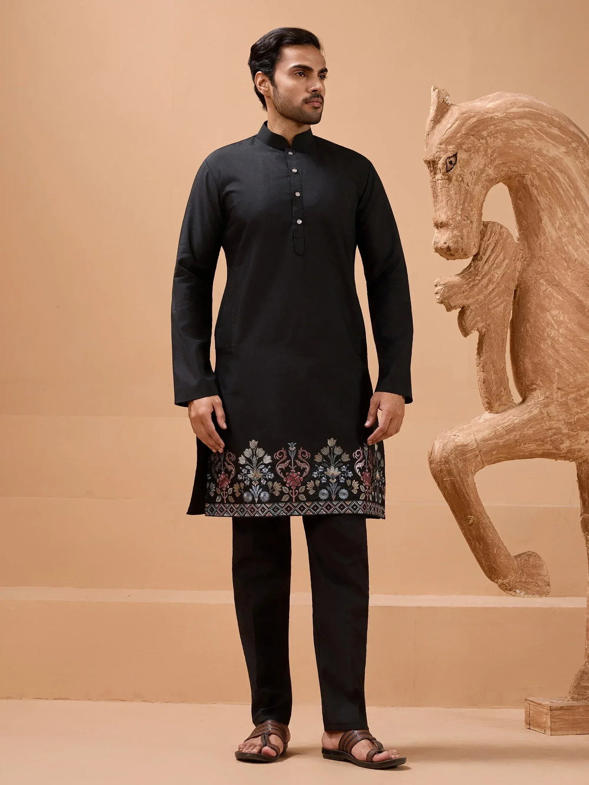 Black embroidered kurta with matching pants, Indian ethnic wear for men, floral border design