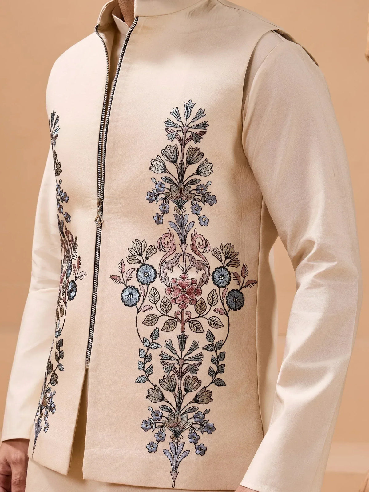 Cream embroidered Nehru jacket with floral motifs, perfect for Indian ethnic wear and festive occasions.