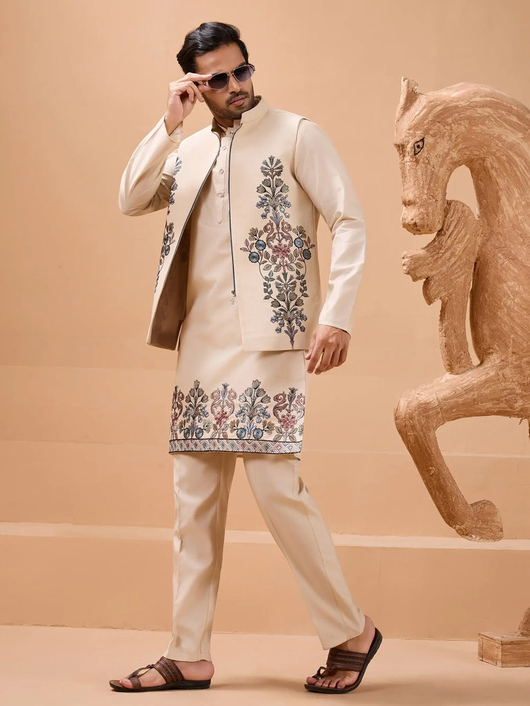 Elegant Beige Embroidered Sequins Silk Mens Kurta Pant with Jacket