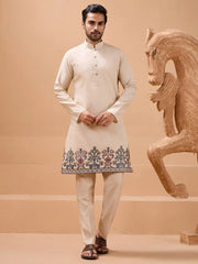 Elegant Beige Embroidered Sequins Silk Mens Kurta Pant with Jacket