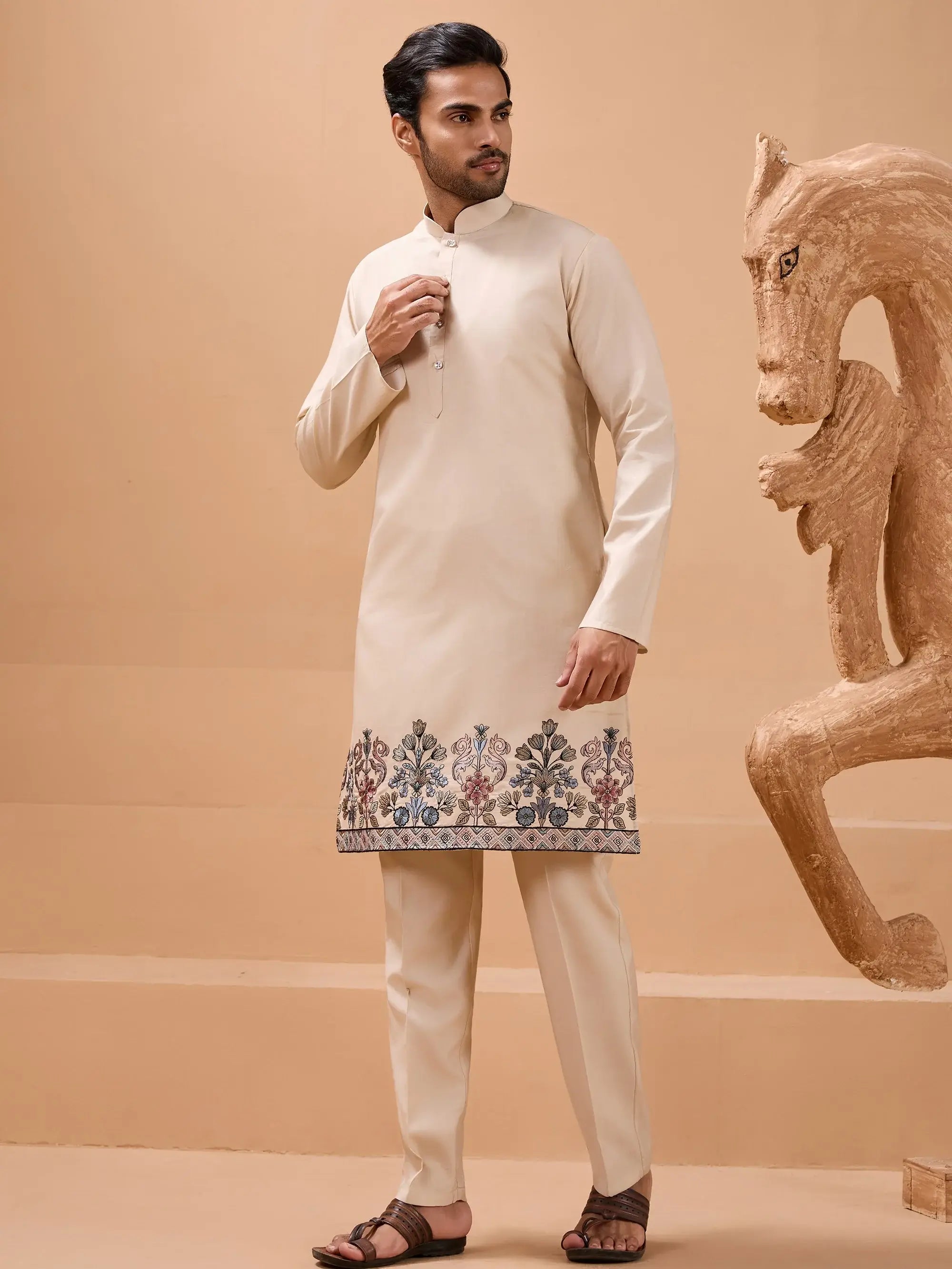 Elegant Beige Embroidered Sequins Silk Mens Kurta Pant with Jacket