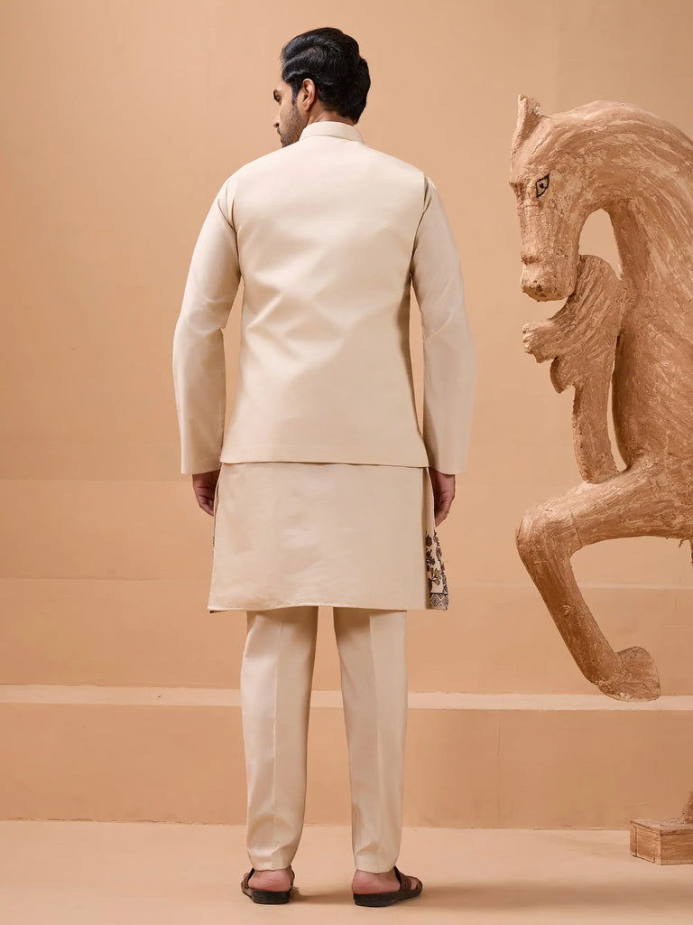 Elegant Beige Embroidered Sequins Silk Mens Kurta Pant with Jacket
