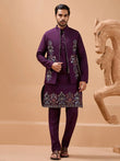 Stylish Purple Sequins Embroidered Silk Mens Kurta Pant with Jacket