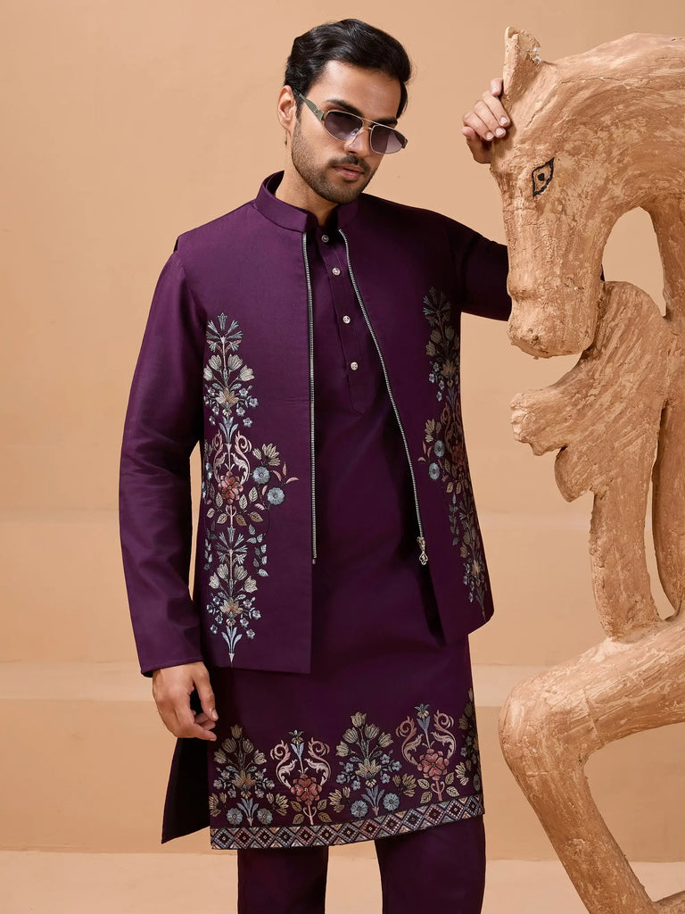 Stylish Purple Sequins Embroidered Silk Mens Kurta Pant with Jacket