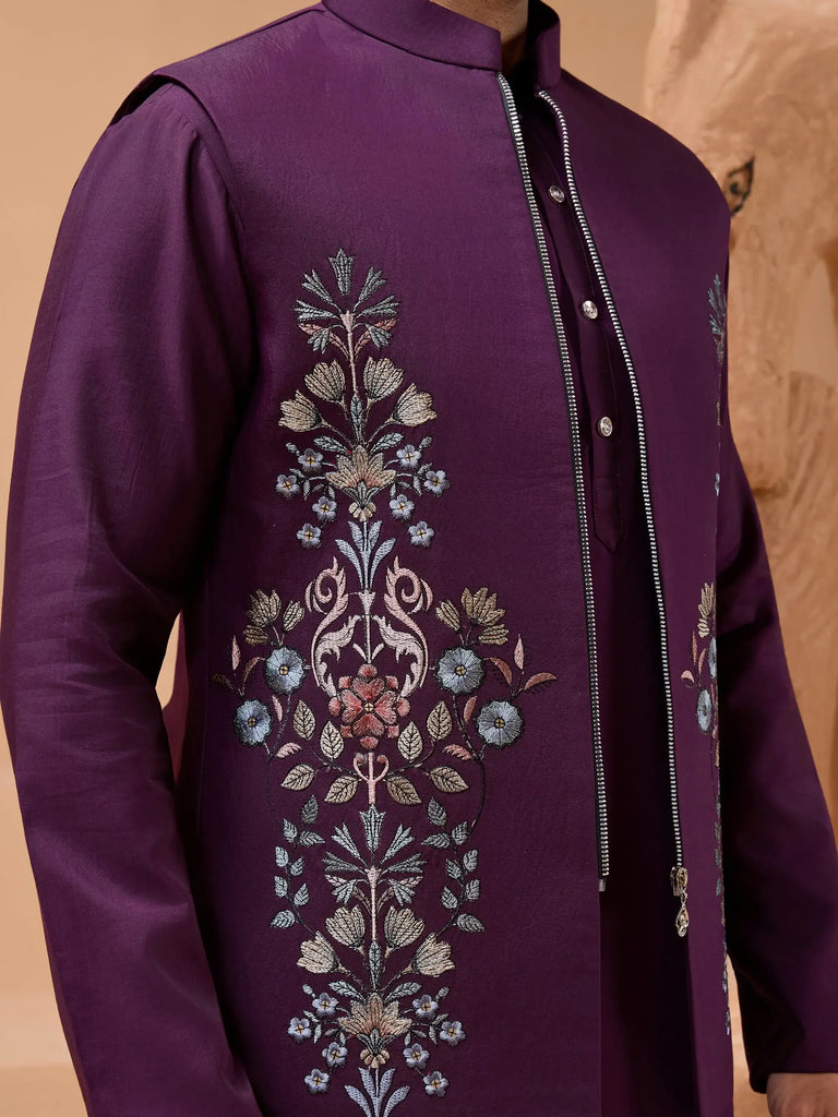 Stylish Purple Sequins Embroidered Silk Mens Kurta Pant with Jacket