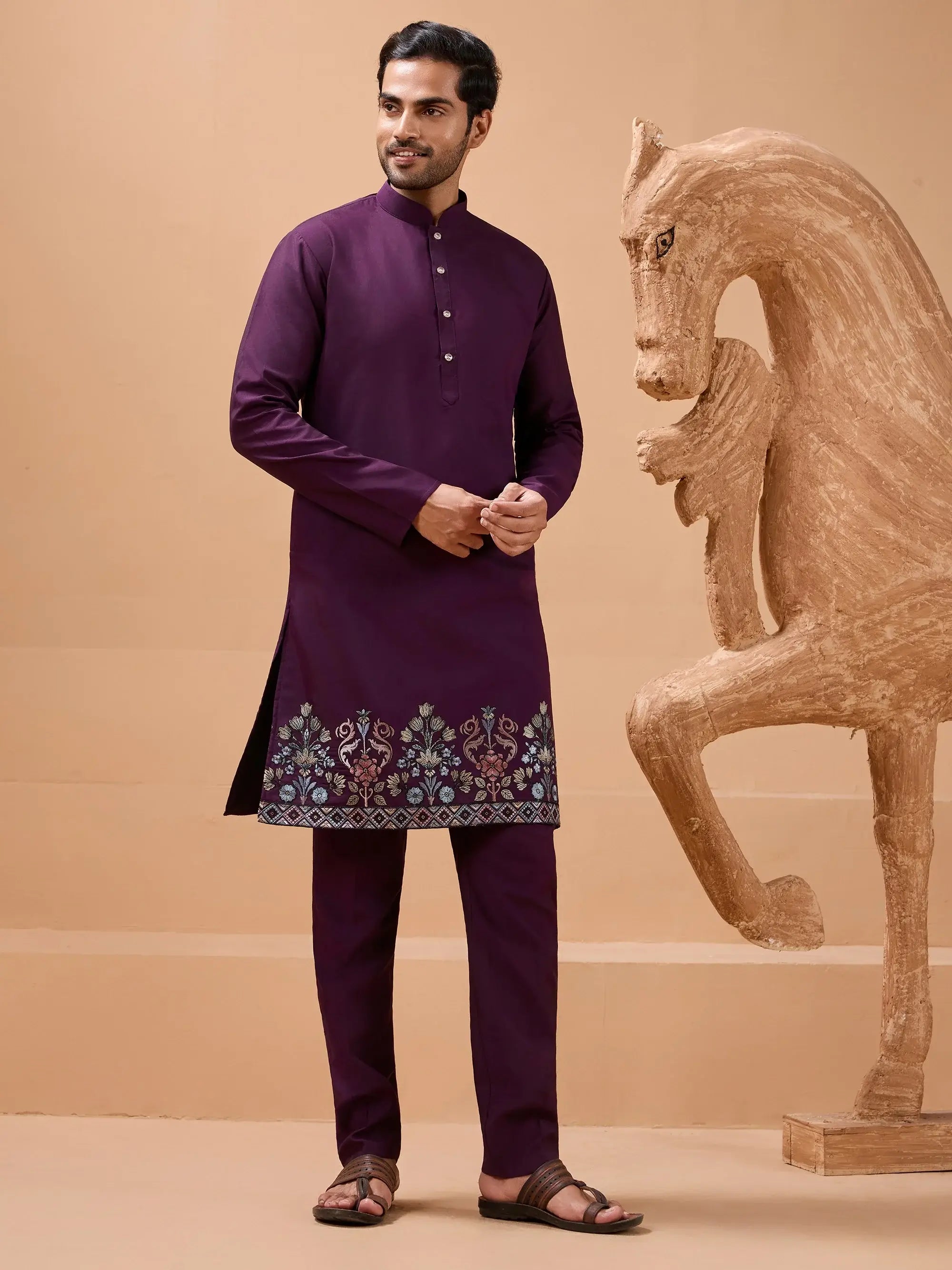 Stylish Purple Sequins Embroidered Silk Mens Kurta Pant with Jacket