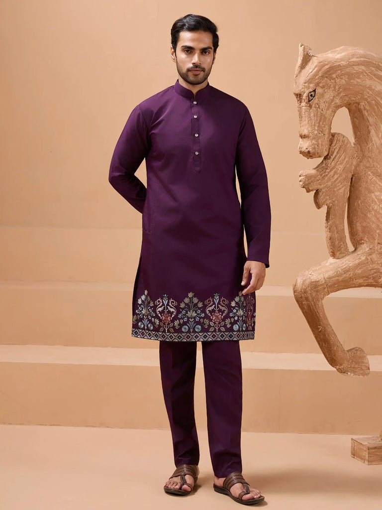 Stylish Purple Sequins Embroidered Silk Mens Kurta Pant with Jacket