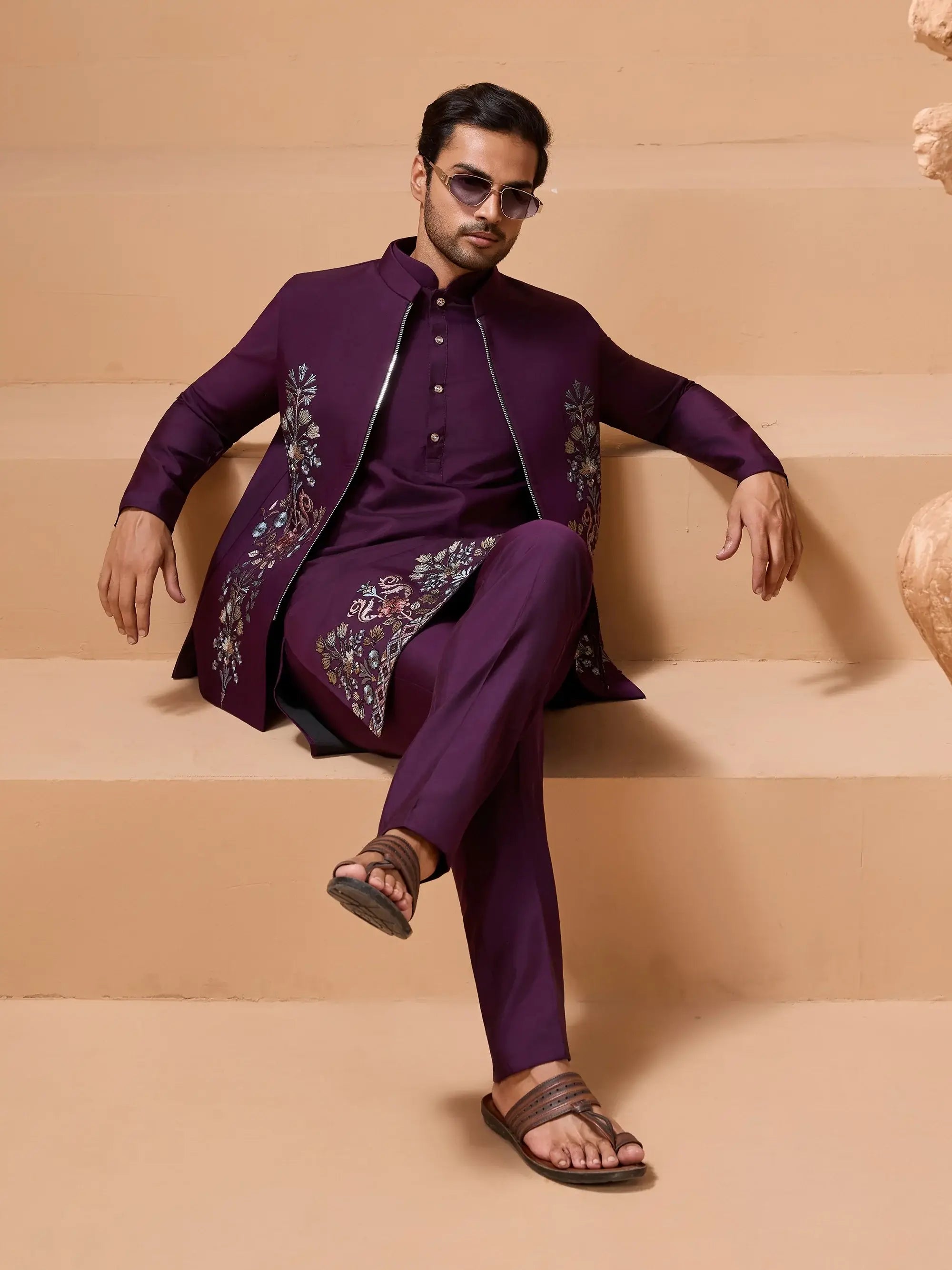 Stylish Purple Sequins Embroidered Silk Mens Kurta Pant with Jacket
