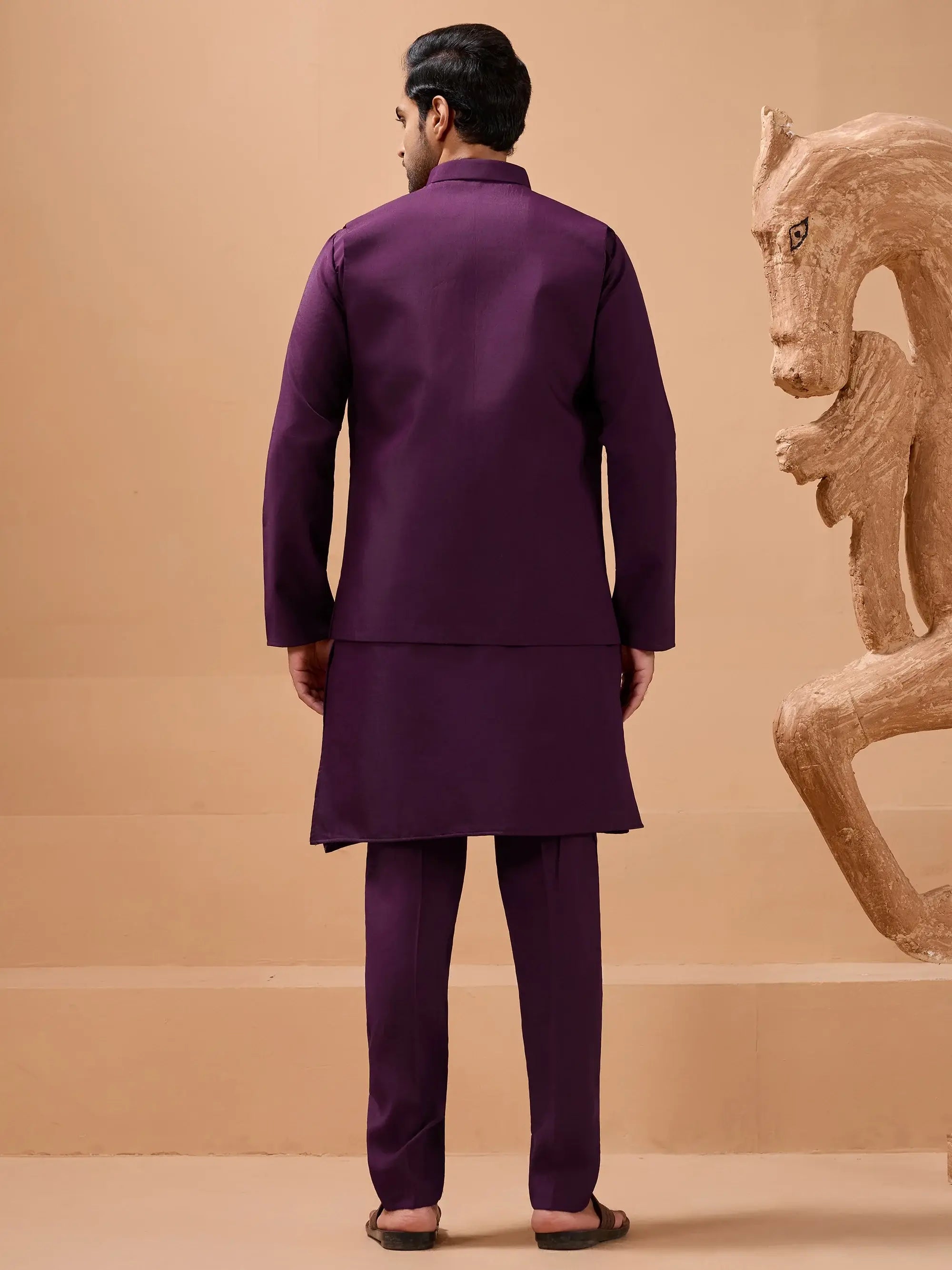 Stylish Purple Sequins Embroidered Silk Mens Kurta Pant with Jacket