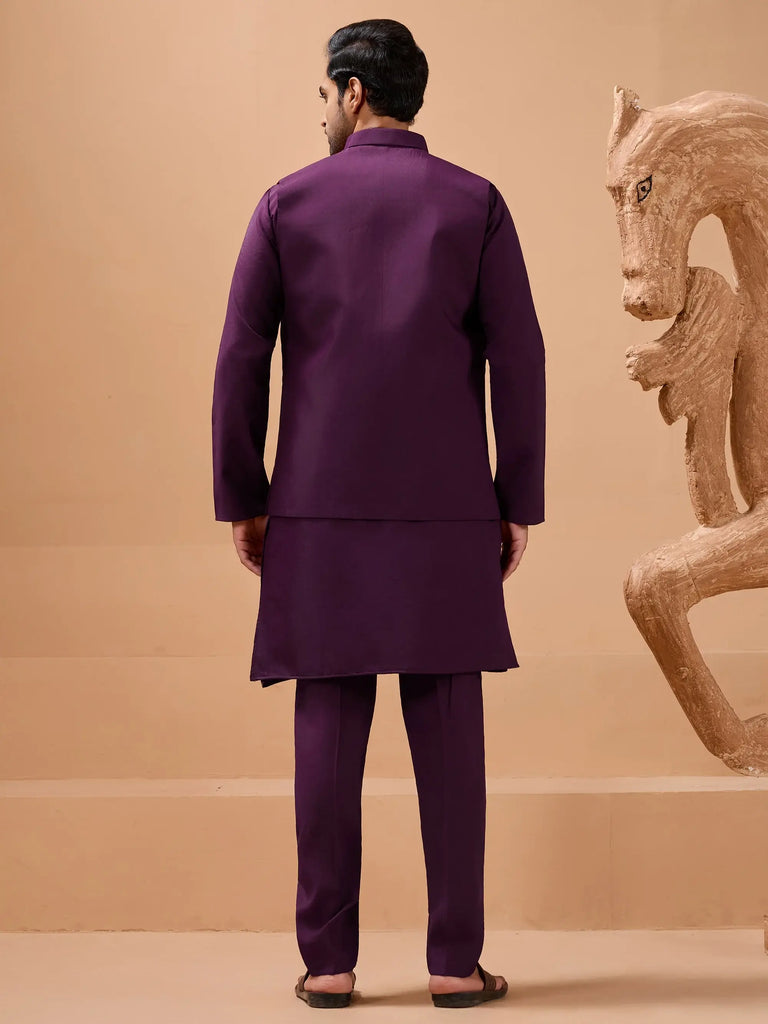 Stylish Purple Sequins Embroidered Silk Mens Kurta Pant with Jacket
