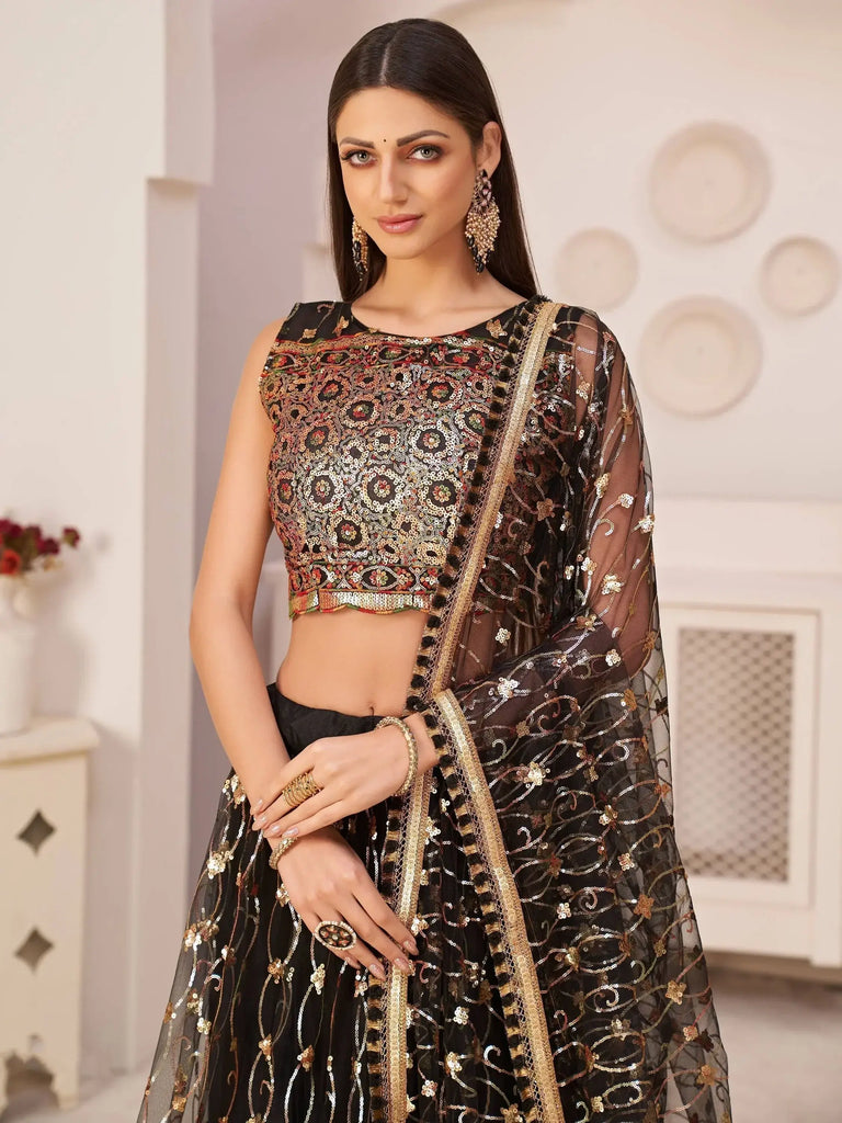 Eye-Catching Black Sequins Net Party Wear Lehenga Choli