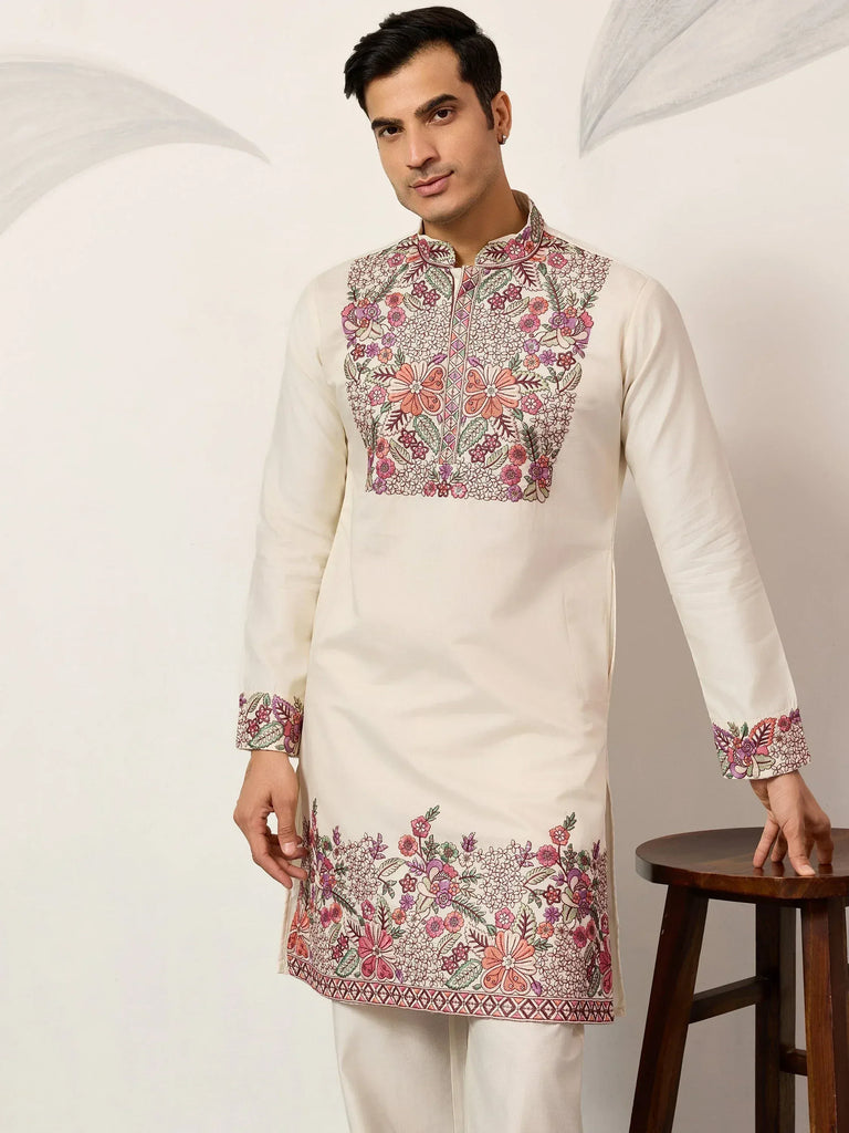 Attractive Off-White Embroidered Silk Wedding Wear Men’s Kurta Set