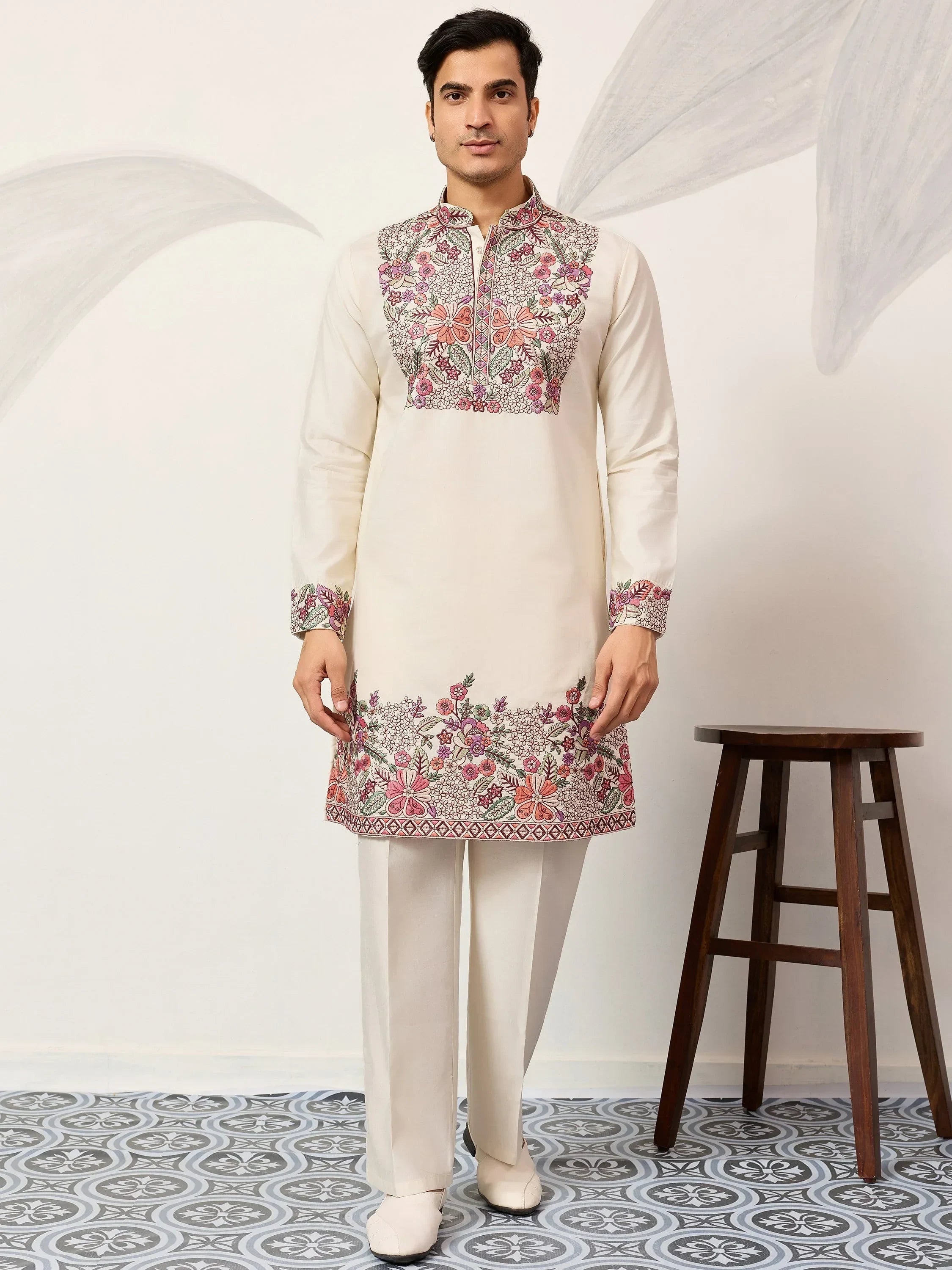 Attractive Off-White Embroidered Silk Wedding Wear Men’s Kurta Set