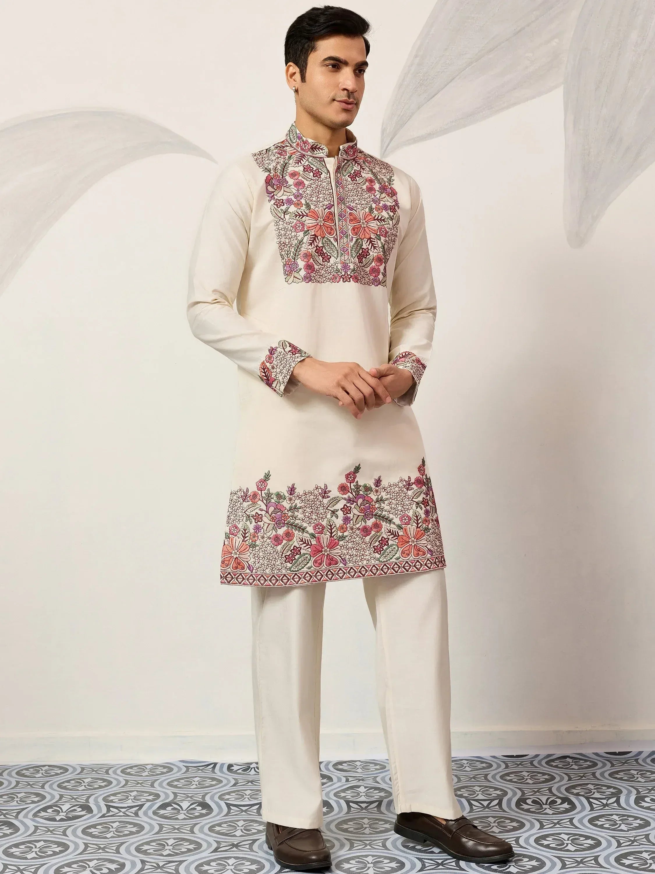 Attractive Off-White Embroidered Silk Wedding Wear Men’s Kurta Set