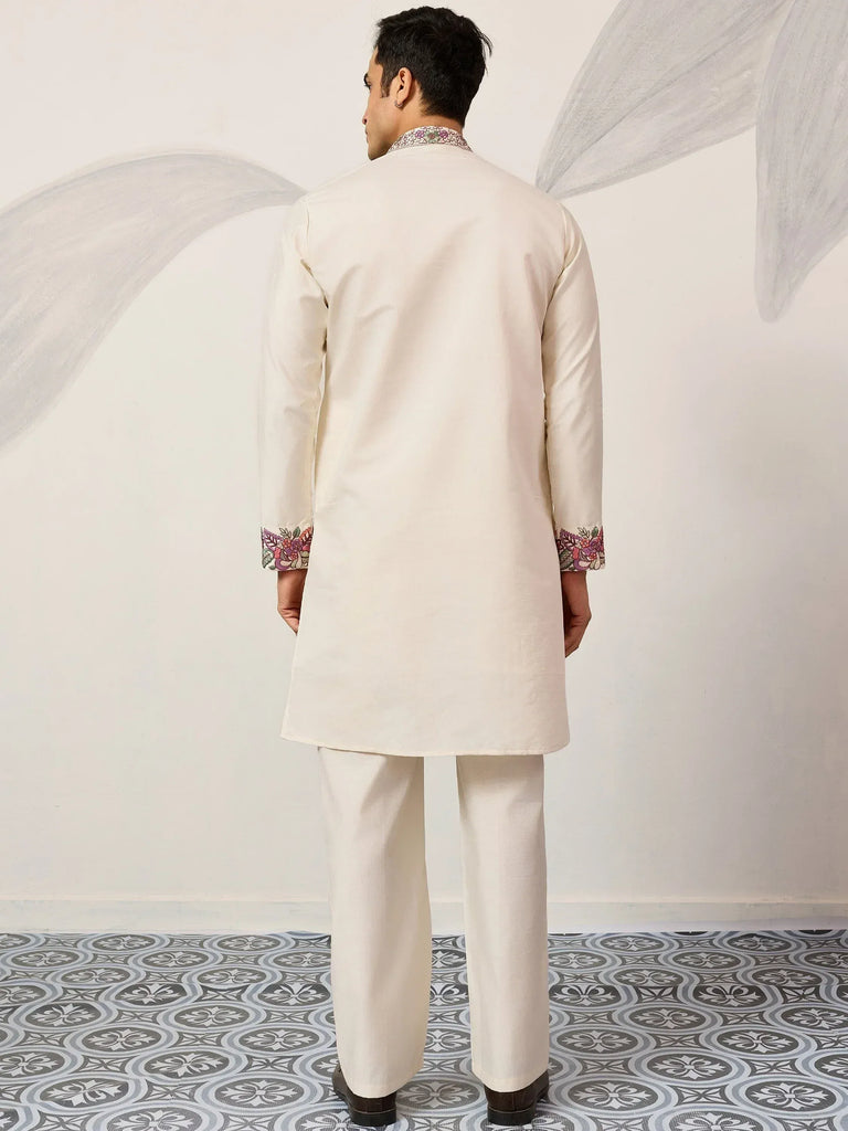 Attractive Off-White Embroidered Silk Wedding Wear Men’s Kurta Set