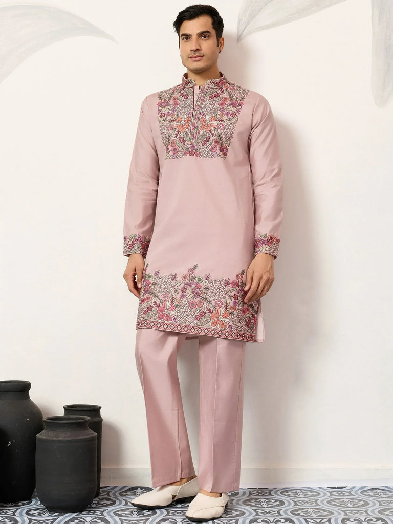 Awesome Pink Embroidered Silk Function Wear Men’s Kurta Set