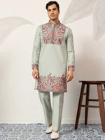 Glamorous Green Embroidered Silk Festival Wear Men’s Kurta Set