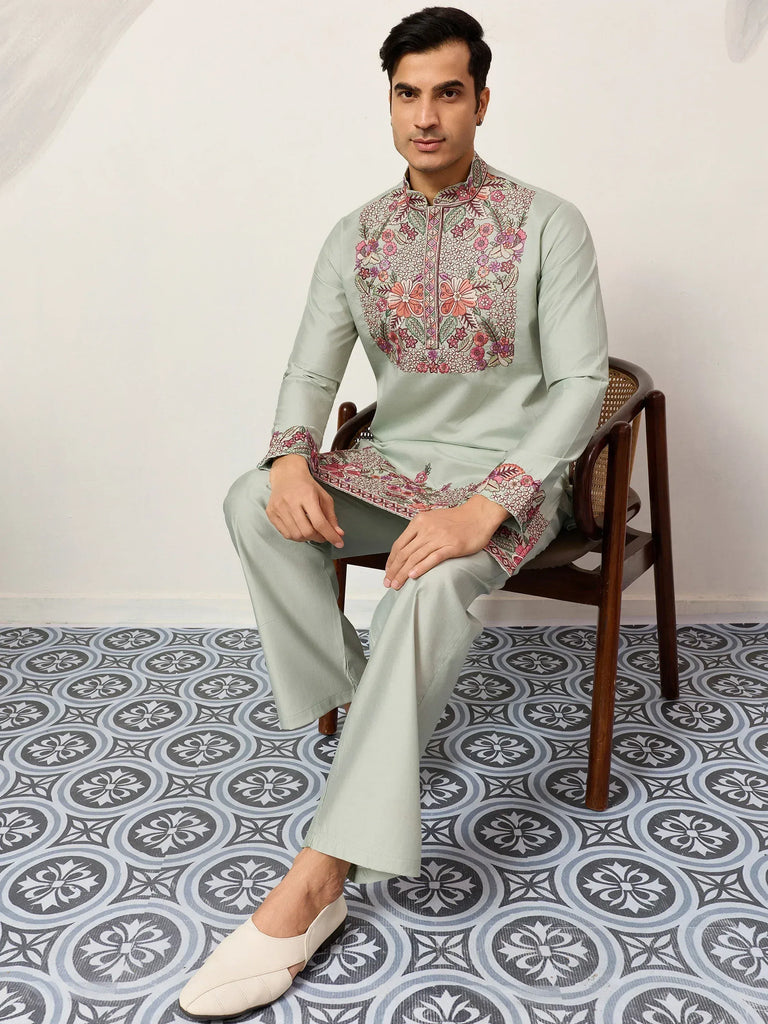 Glamorous Green Embroidered Silk Festival Wear Men’s Kurta Set