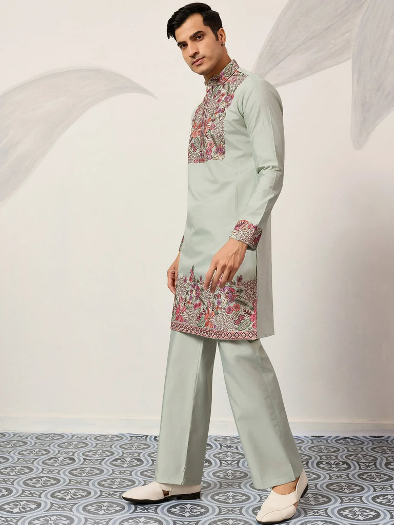 Glamorous Green Embroidered Silk Festival Wear Men’s Kurta Set