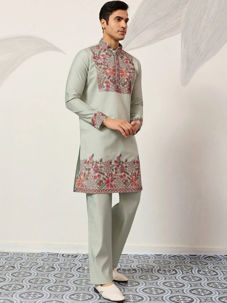 Glamorous Green Embroidered Silk Festival Wear Men’s Kurta Set