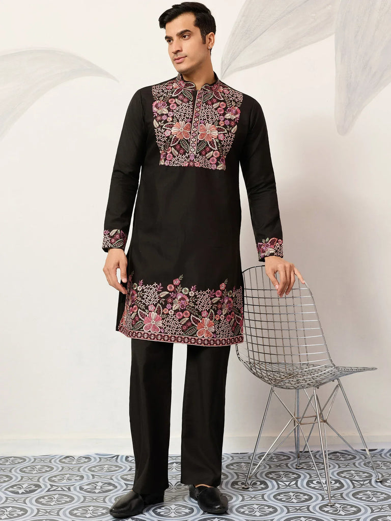 Gorgeous Black Embroidered Silk Wedding Wear Men’s Kurta Set