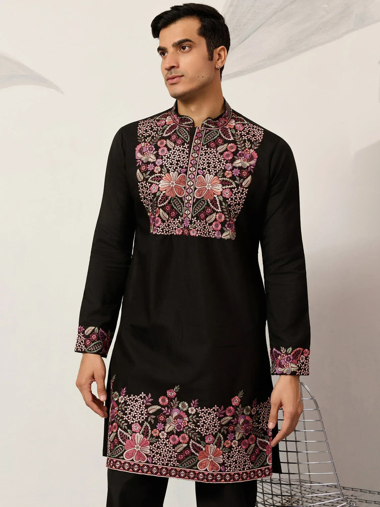 Gorgeous Black Embroidered Silk Wedding Wear Men’s Kurta Set