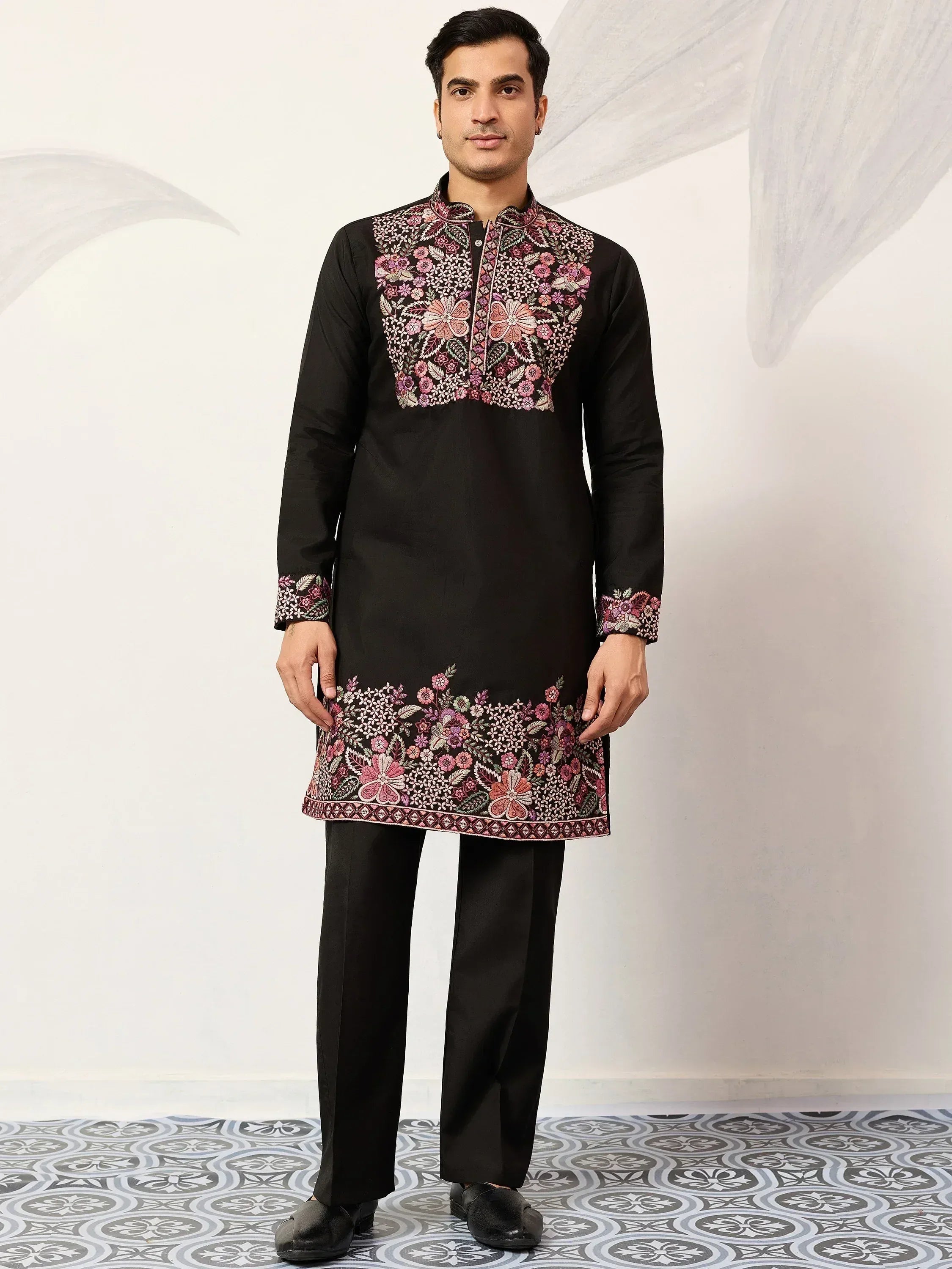Gorgeous Black Embroidered Silk Wedding Wear Men’s Kurta Set