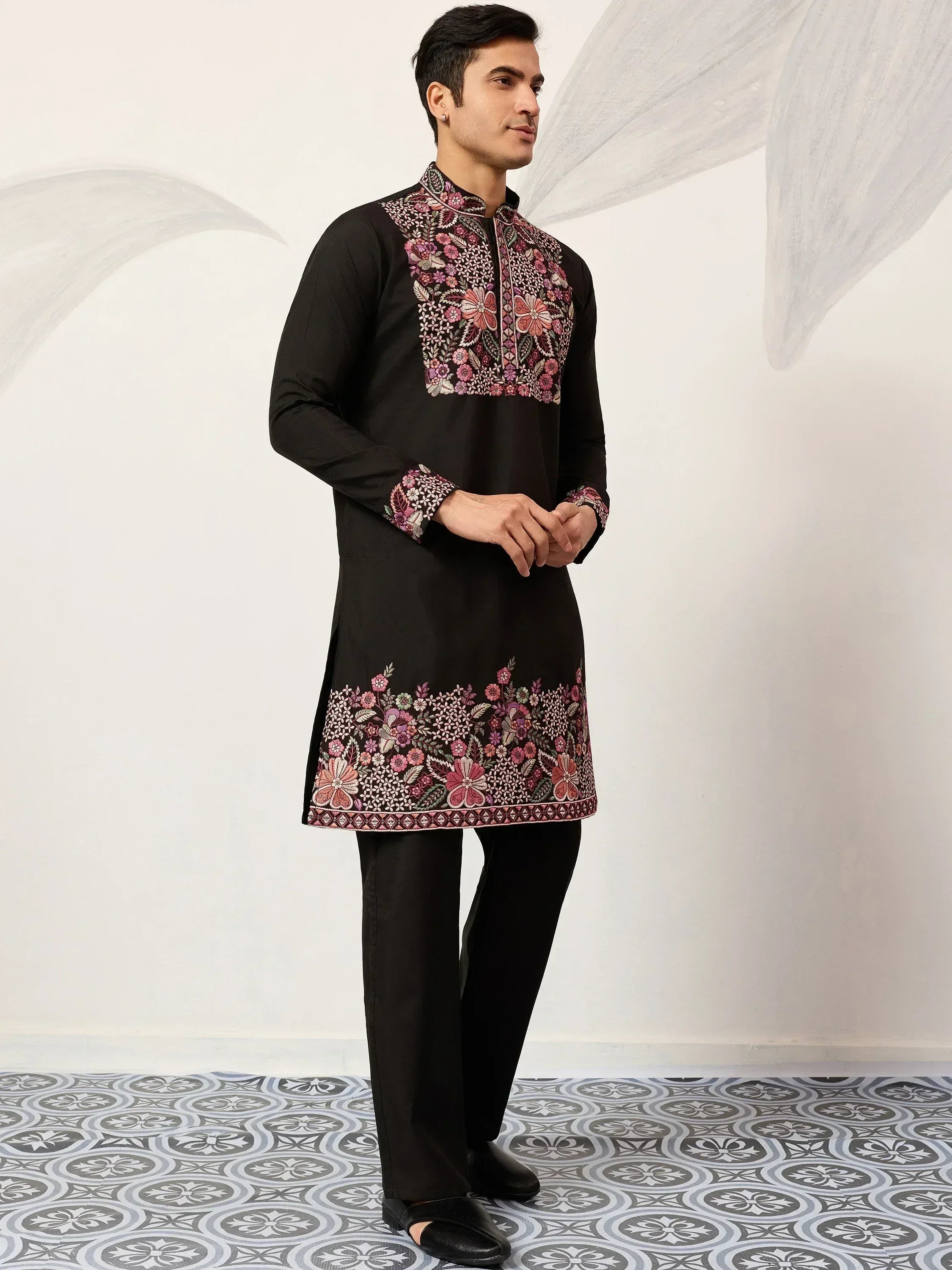Gorgeous Black Embroidered Silk Wedding Wear Men’s Kurta Set