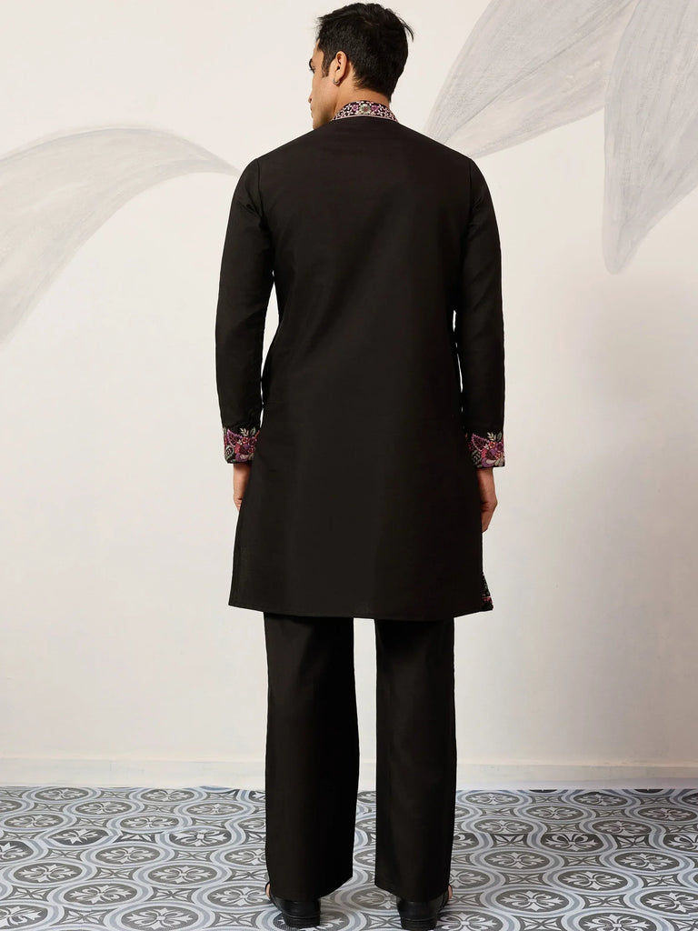 Gorgeous Black Embroidered Silk Wedding Wear Men’s Kurta Set
