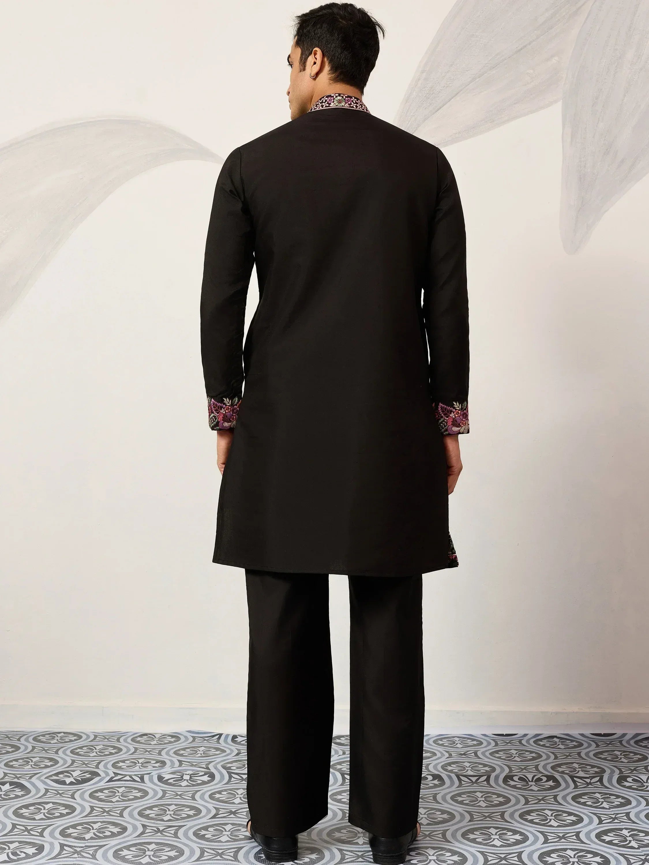 Gorgeous Black Embroidered Silk Wedding Wear Men’s Kurta Set