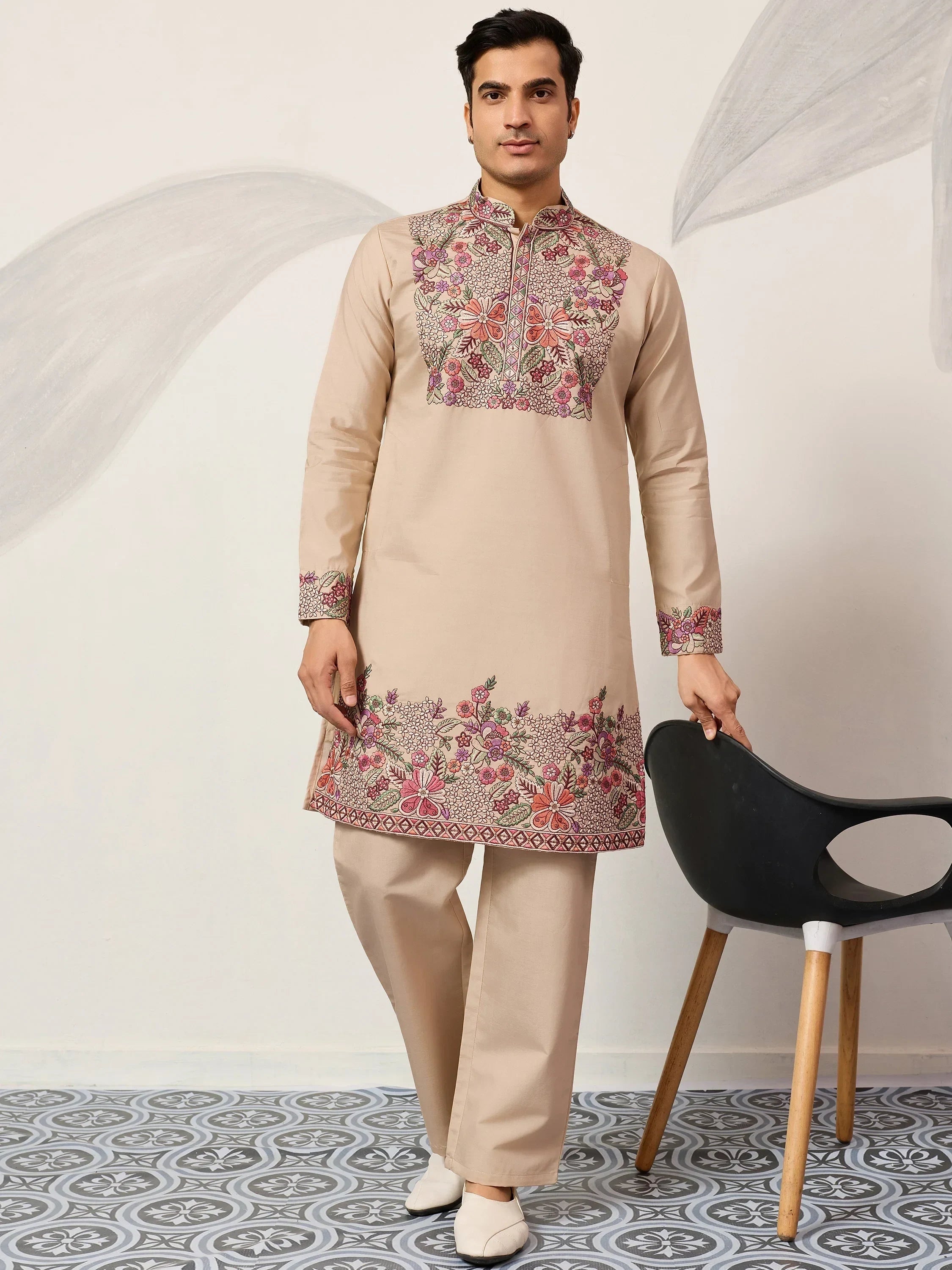 Captivating Beige Embroidered Silk Festival Wear Men’s Kurta Set