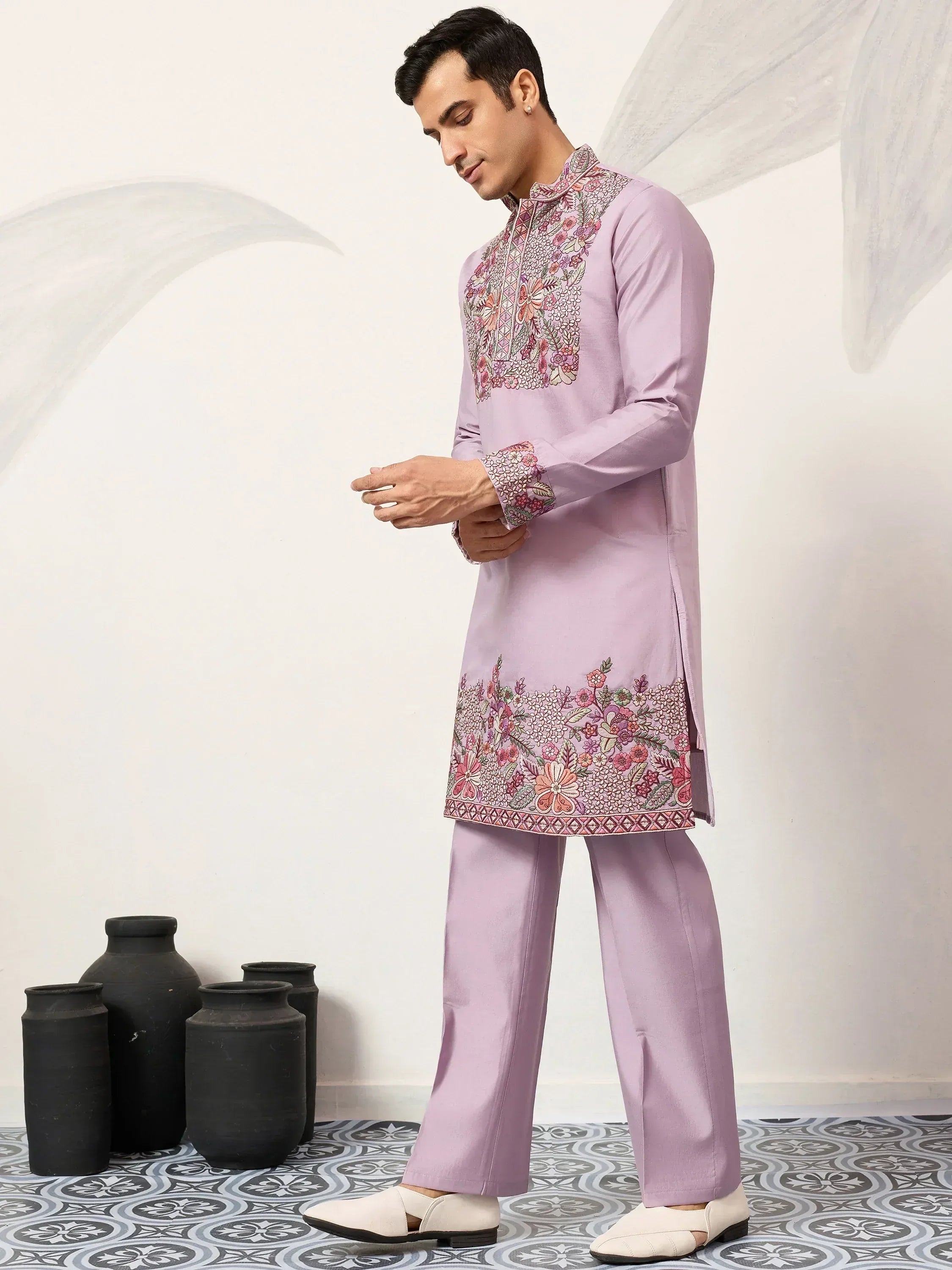 Graceful Lavender Embroidered Silk Function Wear Men’s Kurta Set