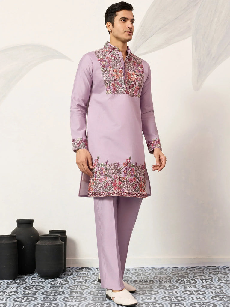 Graceful Lavender Embroidered Silk Function Wear Men’s Kurta Set