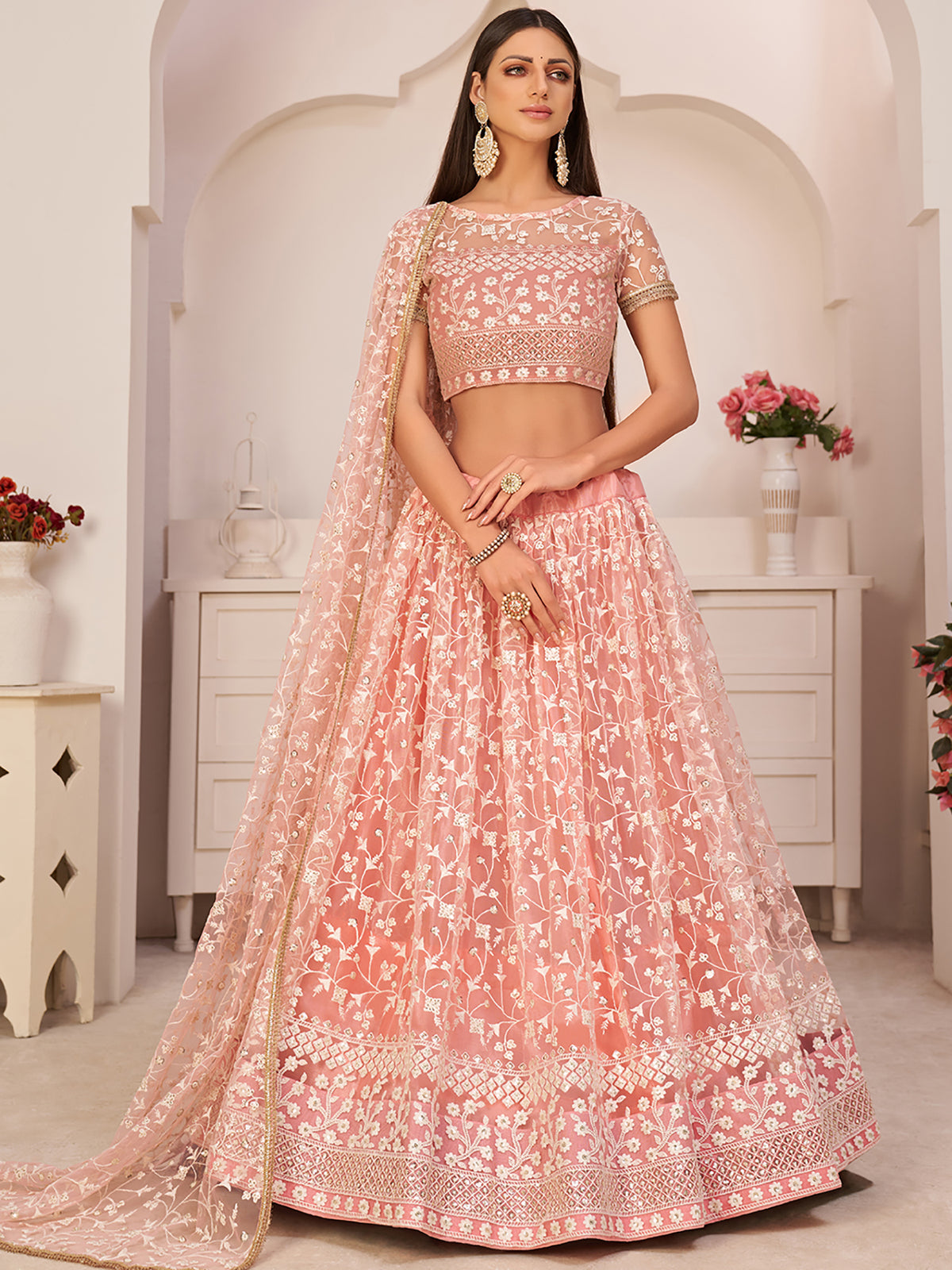 Adoring Pink Embroidered Net Bridesmaid Wear Plus Size Lehenga Choli