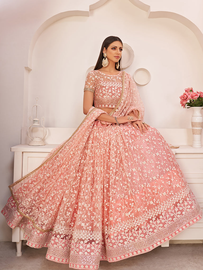 Adoring Pink Embroidered Net Bridesmaid Wear Plus Size Lehenga Choli