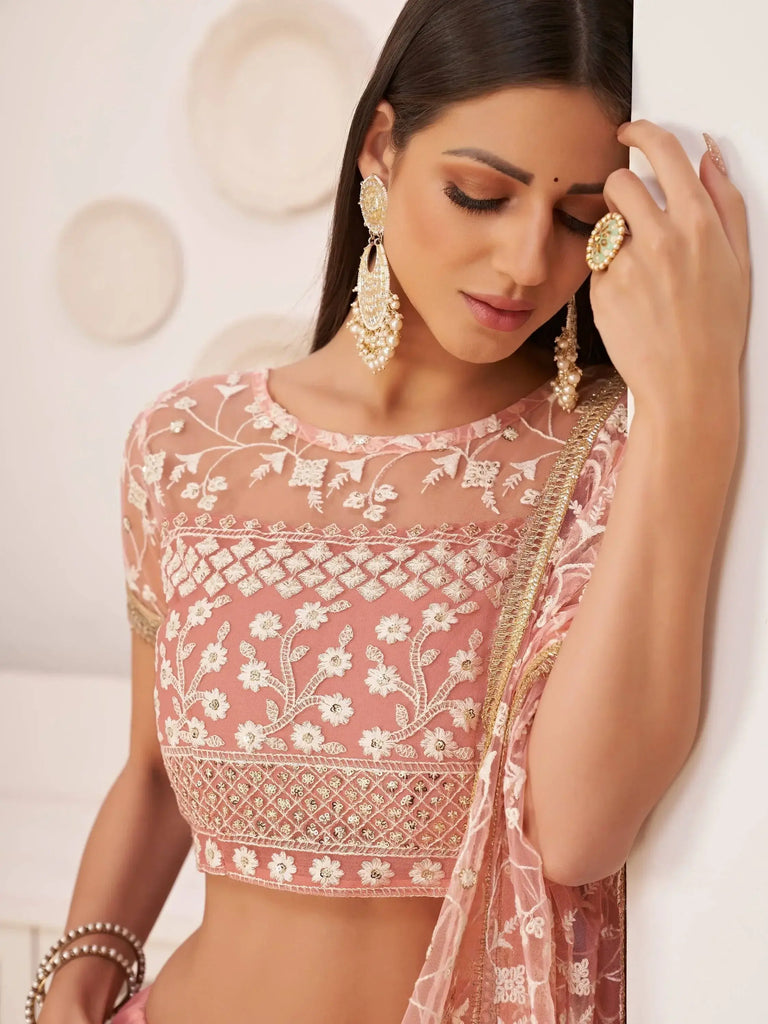 Ravishing Light Pink Thread Net Festive Wear Lehenga Choli