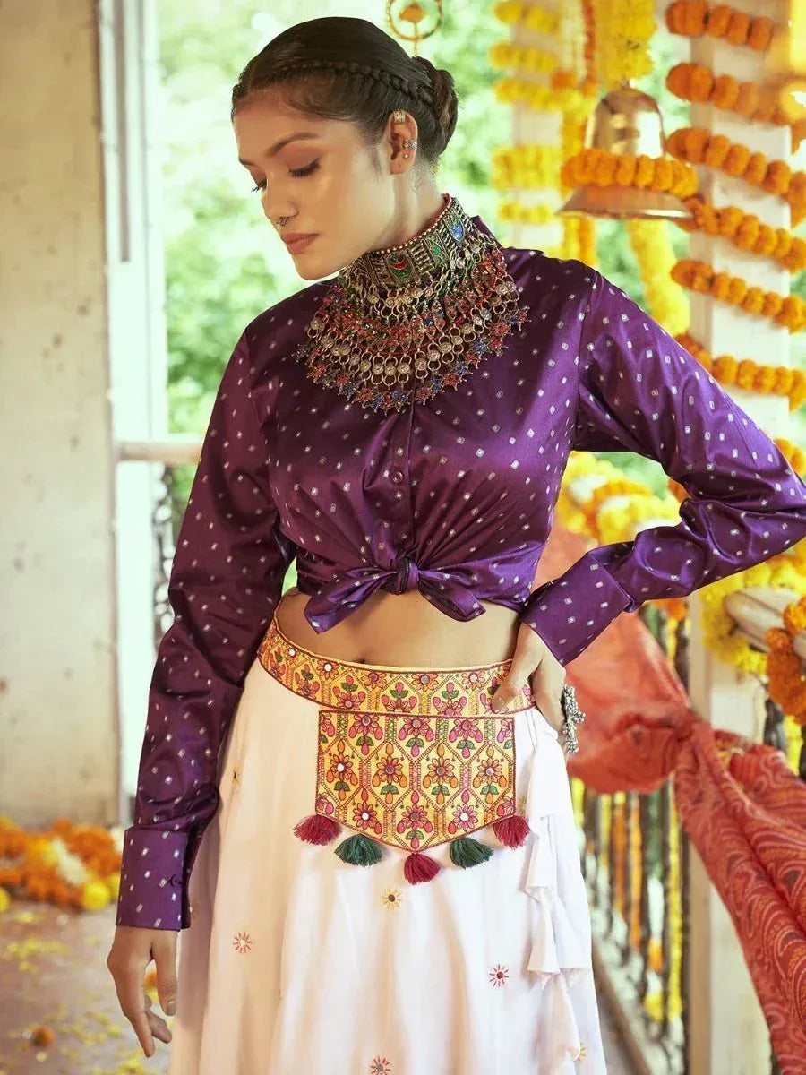 Purple polka dot crop top with white embroidered skirt, traditional Indian ethnic wear