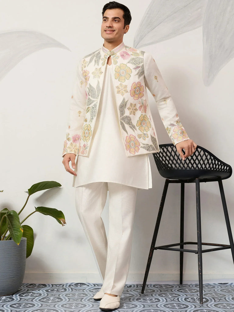 Graceful Cream Silk Festival Wear Men’s Kurta With Embroidered Koti