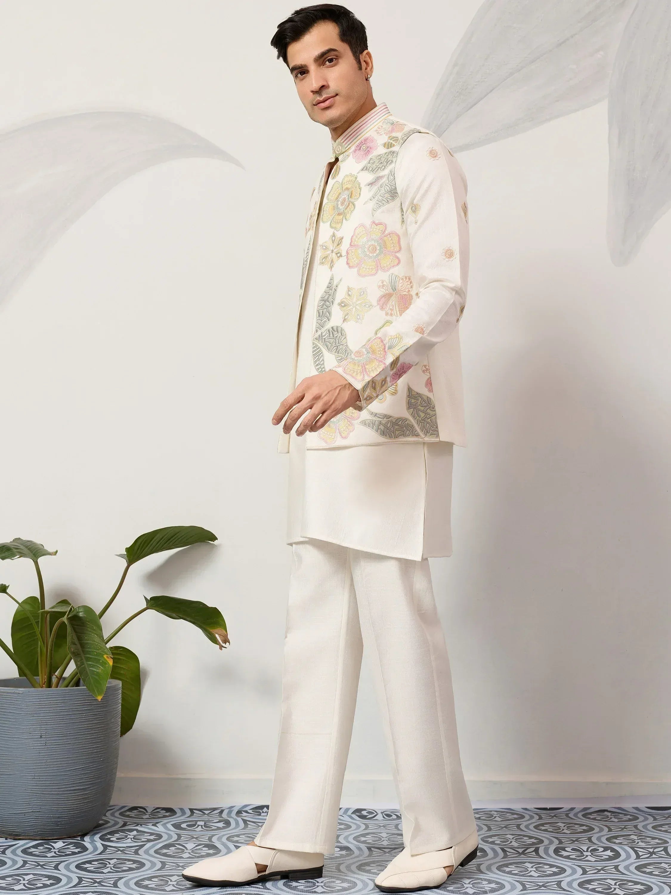 Graceful Cream Silk Festival Wear Men’s Kurta With Embroidered Koti