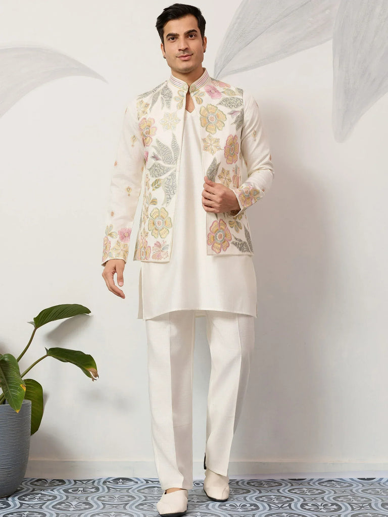 Graceful Cream Silk Festival Wear Men’s Kurta With Embroidered Koti