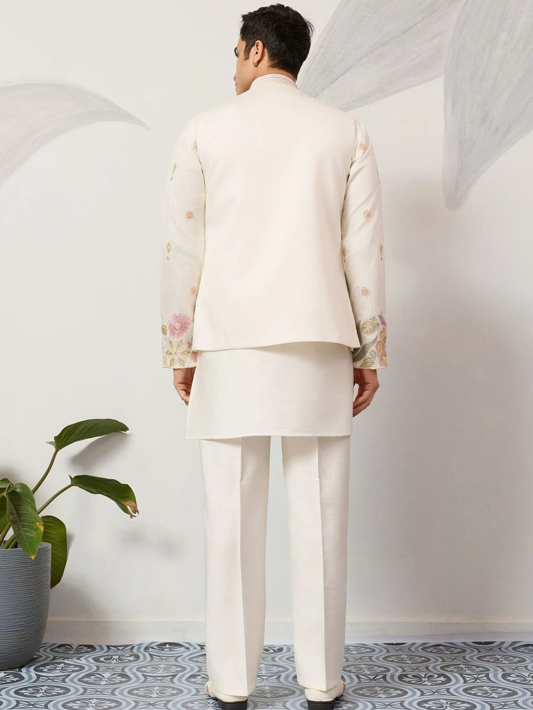 Graceful Cream Silk Festival Wear Men’s Kurta With Embroidered Koti