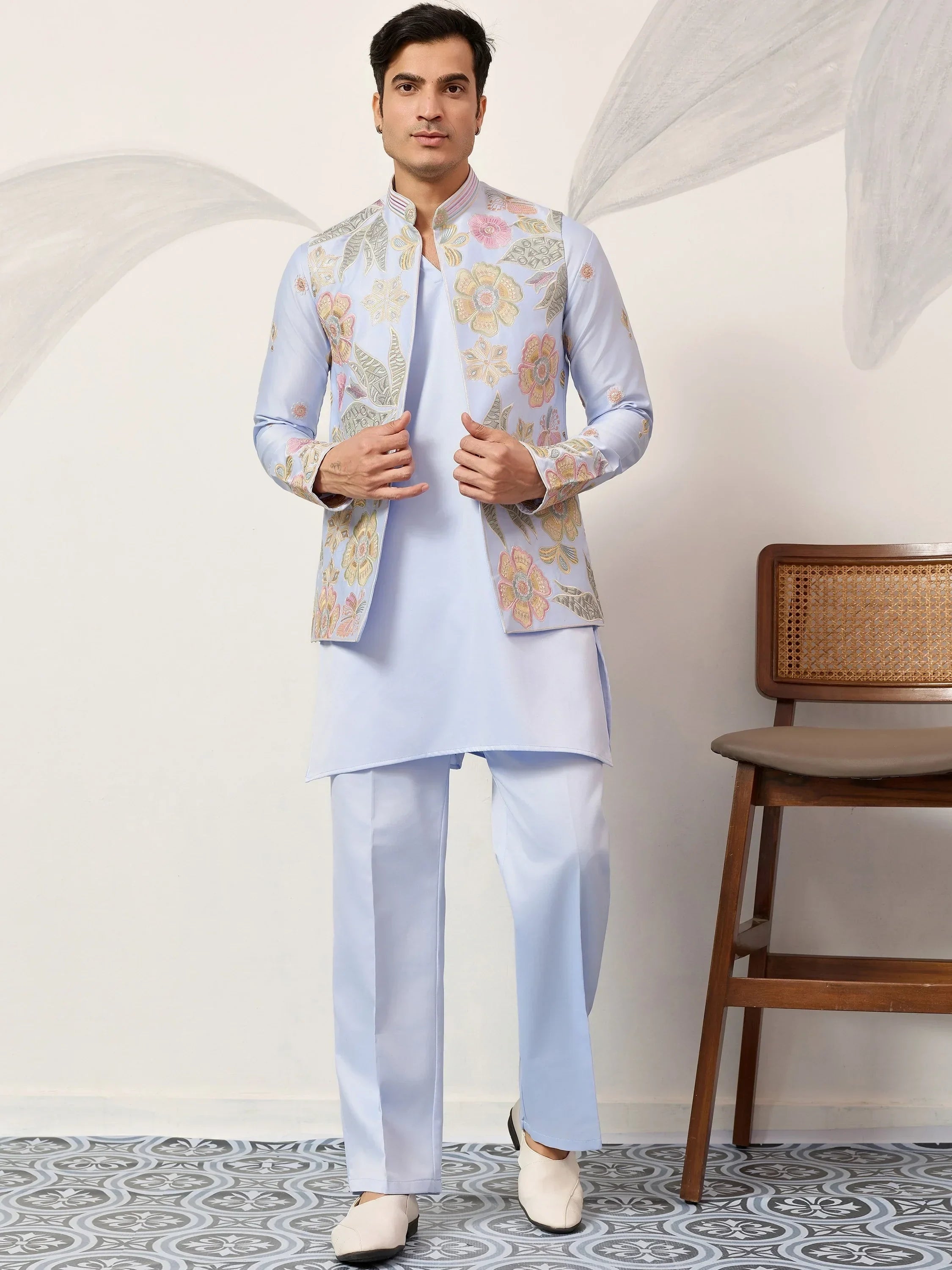 Dazzling Blue Silk Wedding Wear Men’s Kurta With Embroidered Koti