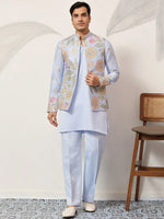 Dazzling Blue Silk Wedding Wear Men’s Kurta With Embroidered Koti