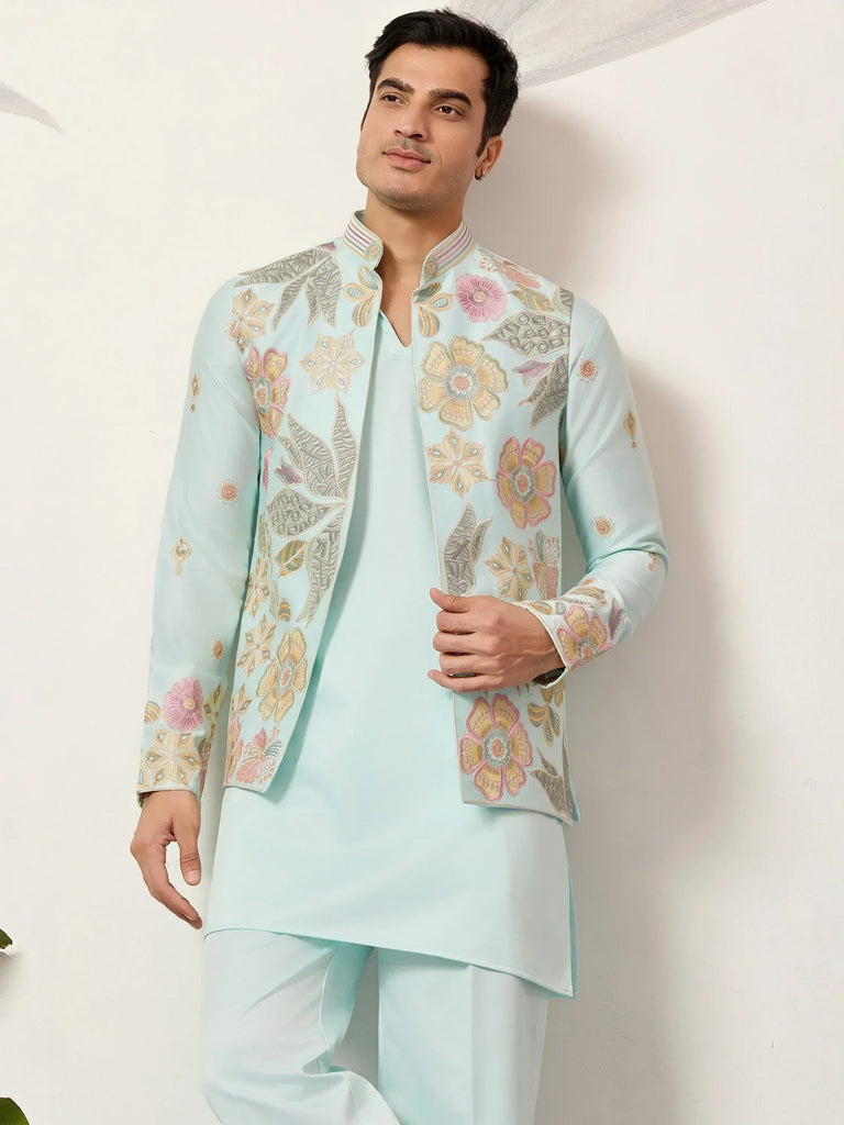 Sparkling Green Silk Function Wear Men’s Kurta With Embroidered Koti