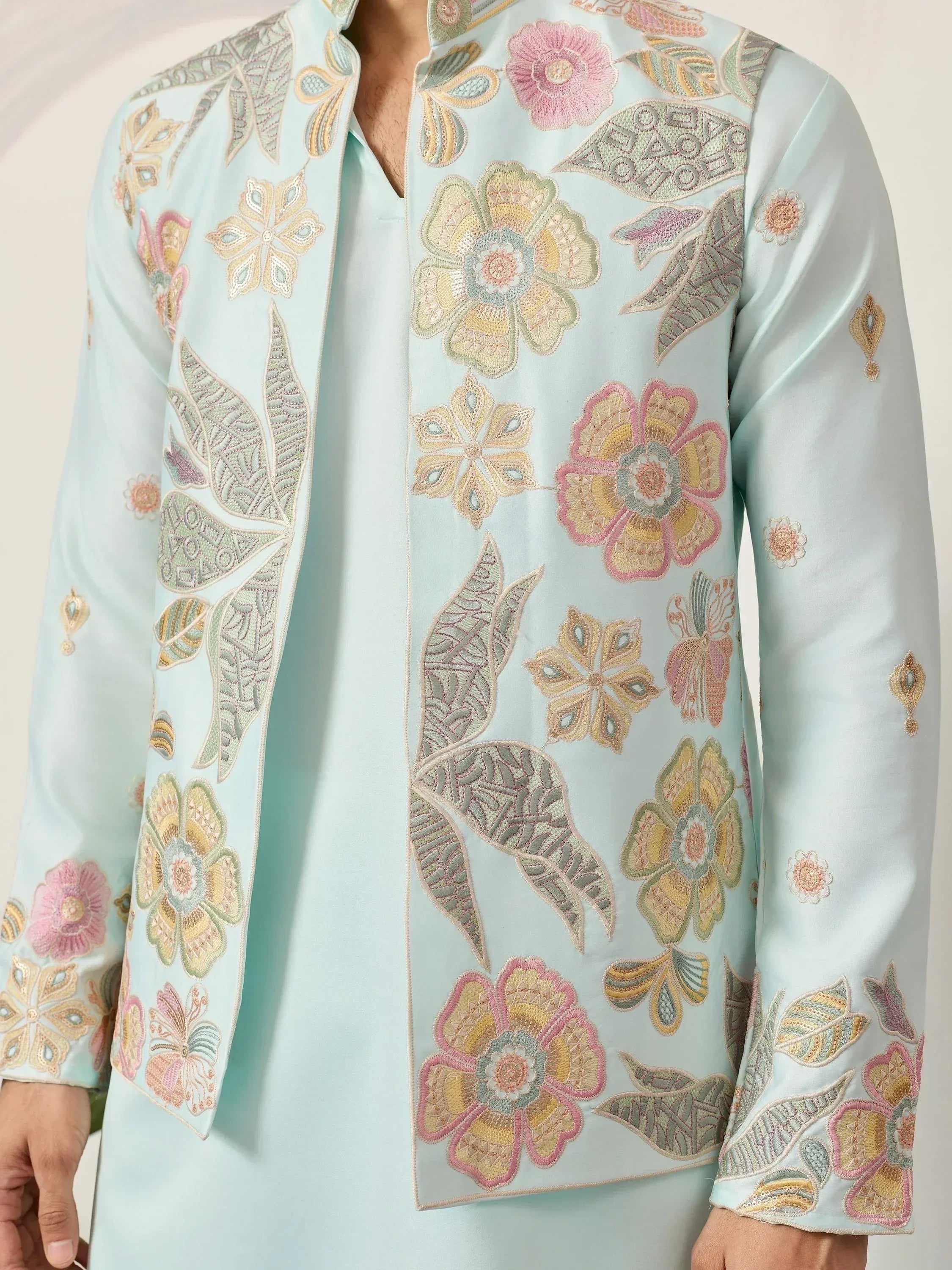 Sparkling Green Silk Function Wear Men’s Kurta With Embroidered Koti